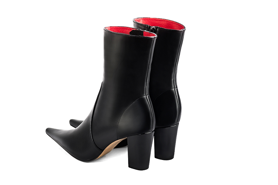 Satin black women's ankle boots with a zip on the inside. Pointed toe. High block heels. Rear view - Florence KOOIJMAN